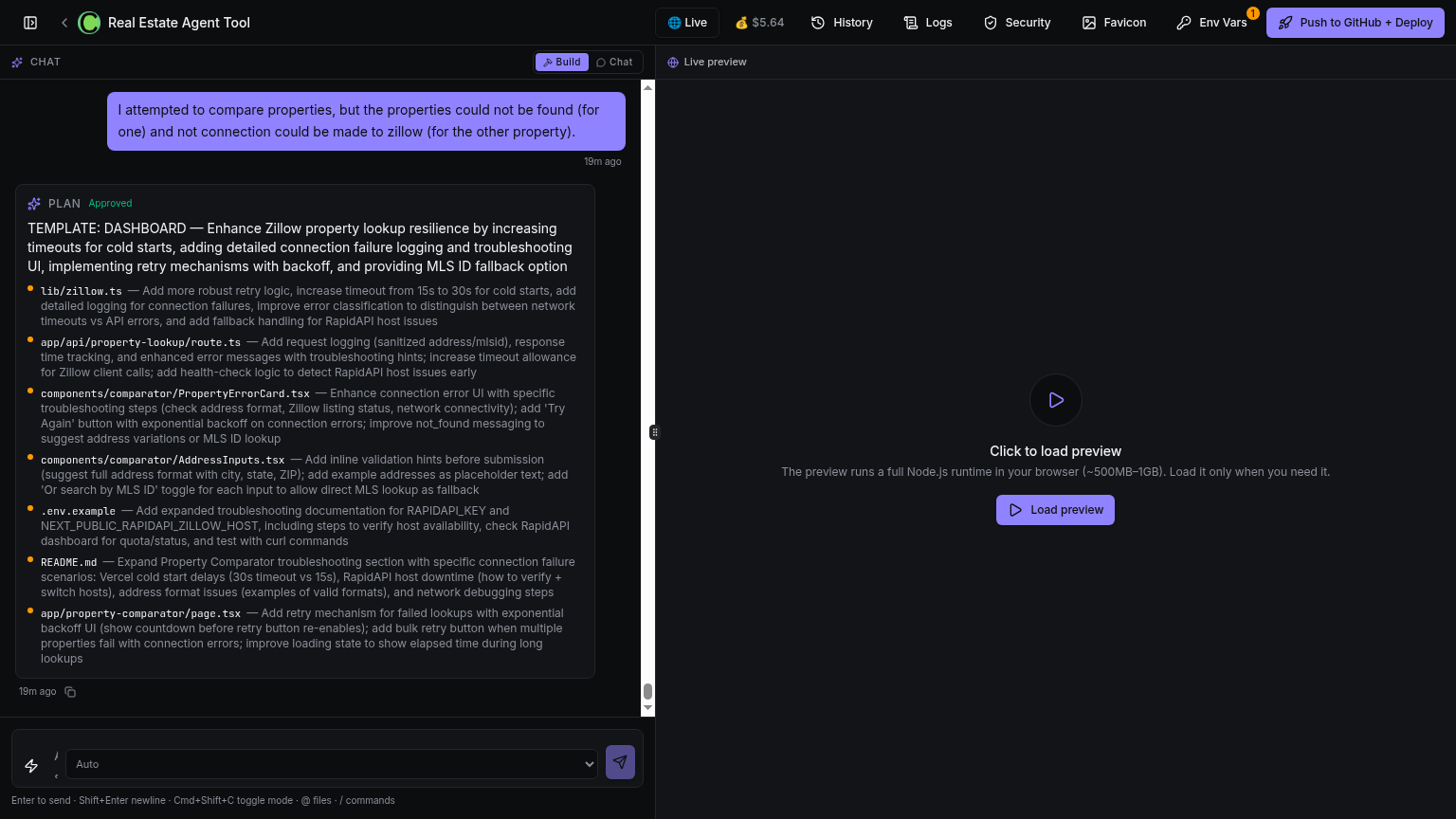 The Colable editor showing a chat conversation, an approved plan with file-level changes, and the live preview panel.